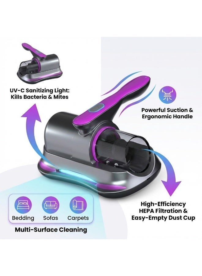 سناجل منظف ​​مراتب لاسلكي يعمل بالأشعة فوق البنفسجية، مكنسة كهربائية يدوية للسرير مزودة بشفط قوي للأرائك والسجاد والأسطح القماشية - Image 2